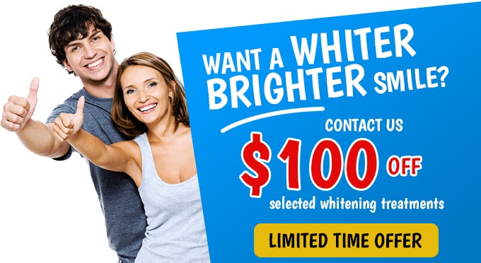100 off for selected whitening treatment at advanced dental practices